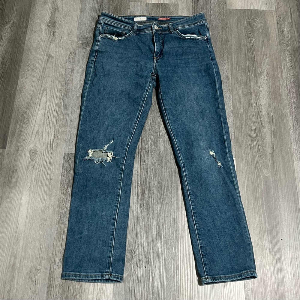 anthropologie PILCRO slim boyfriend distressed stretch blue jeans sz 28